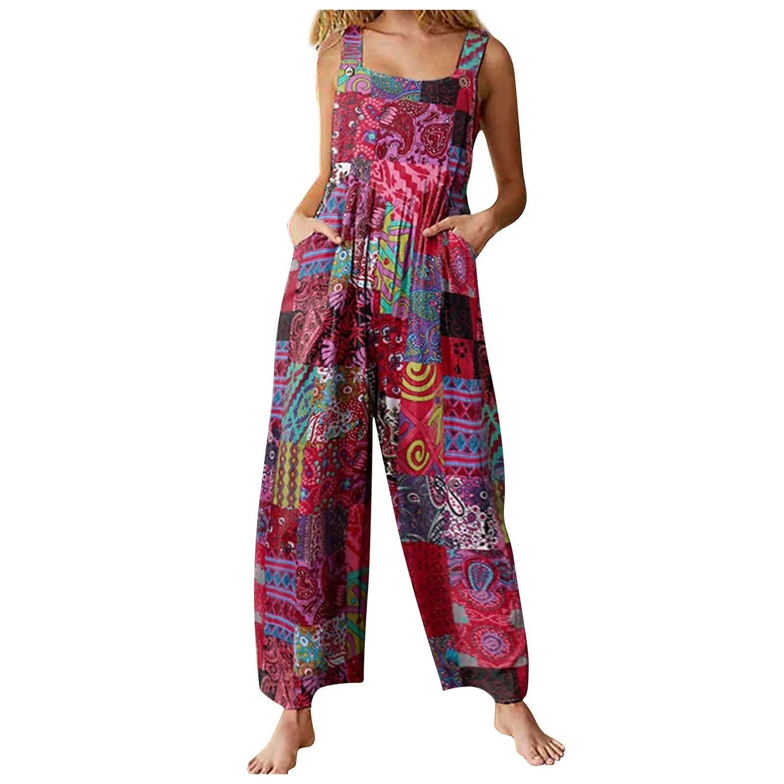 Patchwork printed button jumpsuit overalls拼布印花纽扣连体裤