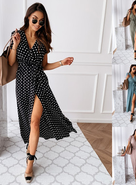 Summer short-sleeved V-neck printed casual dress连衣休闲长裙