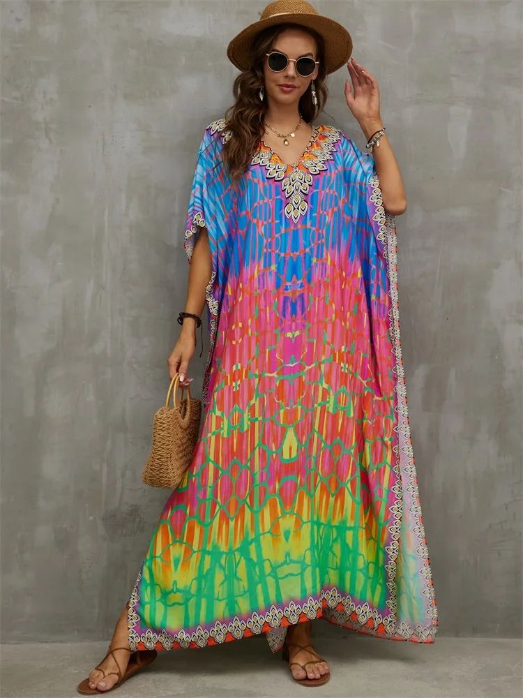 Printed loose V-neck robe dress for women印花宽松v领连衣裙女