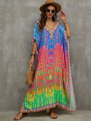 Printed loose V-neck robe dress for women印花宽松v领连衣裙女