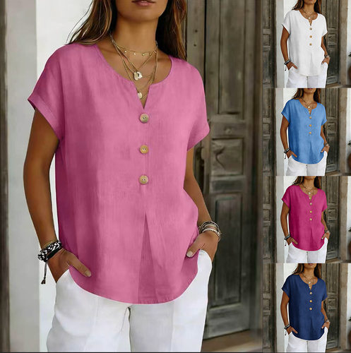 纯色V领纽扣女士上衣Solid color V-neck button up women's top