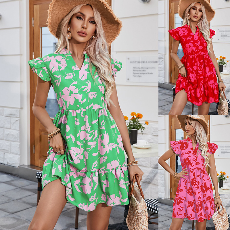 Loose V-neck printed dress with ruffle edgev领宽松印花连衣裙