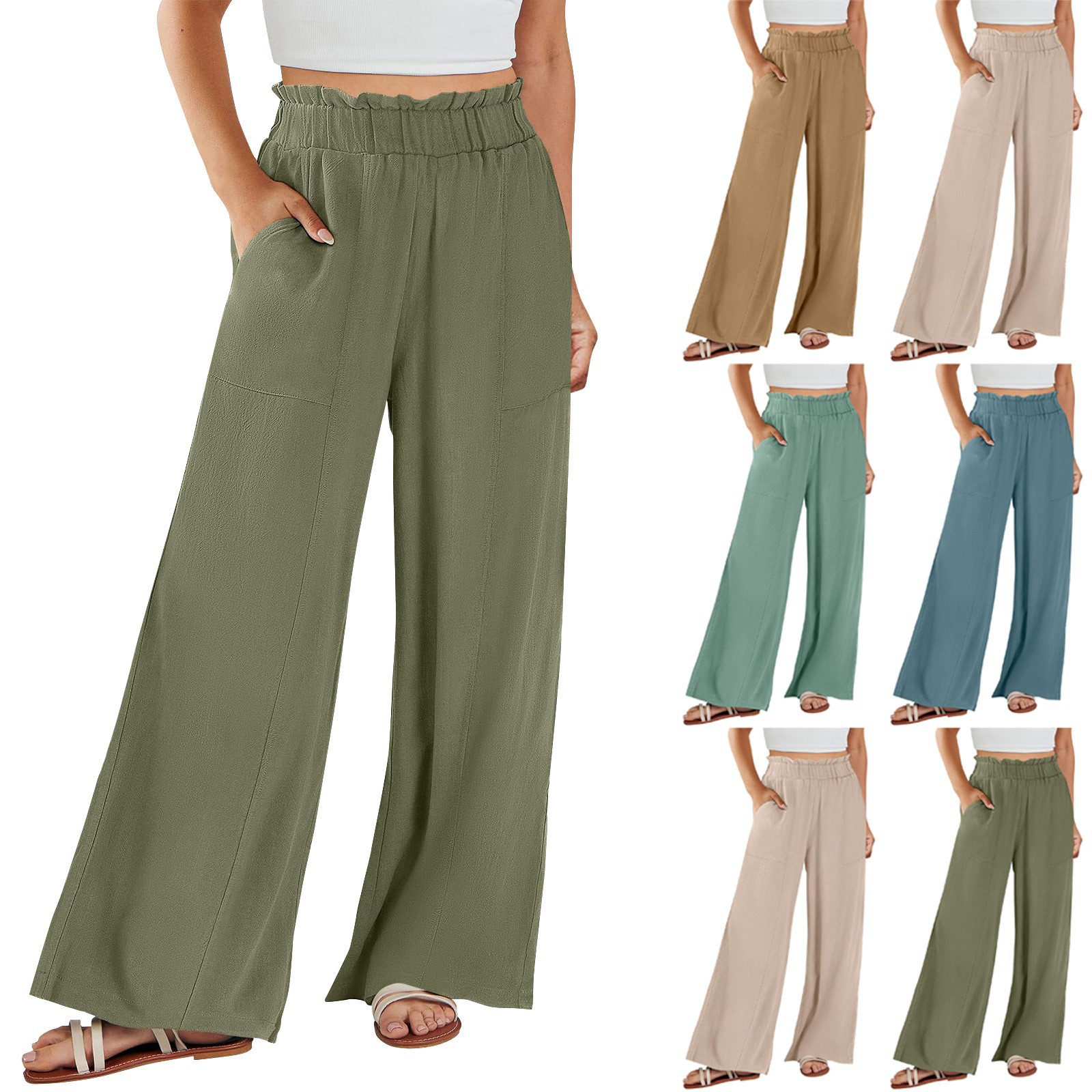 Elastic waist pocket straight leg pants松紧腰口袋直筒休闲裤