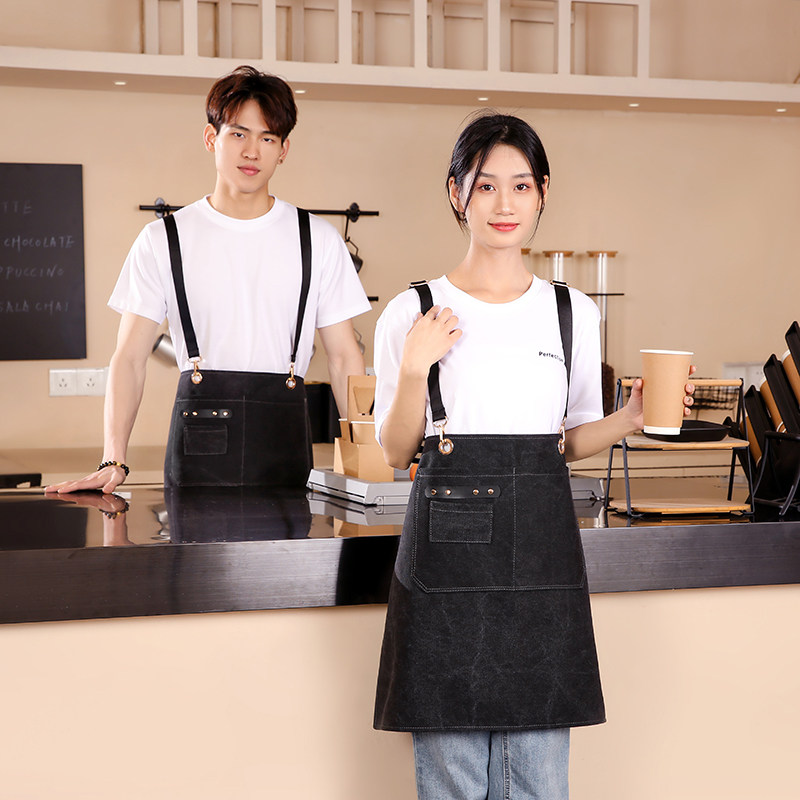 半身背带两穿牛仔帆布时尚咖啡美甲工作奶茶印店名防水透气围裙