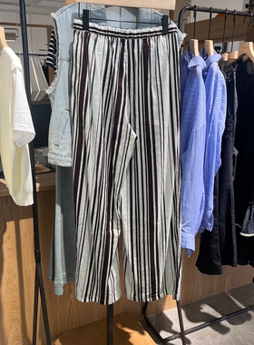 Indicia6B405KZ287F专柜正品标记女装亚麻天丝条纹宽松裤吊牌869