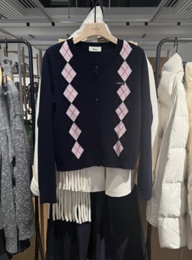 indiciatheL2A6KS009专柜正品标记女装撞色菱格学院开衫吊牌价799