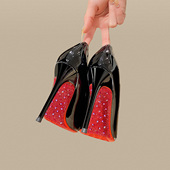 尖头细跟水钻绝美浅口性感御姐漆皮单鞋 黑色红底高跟鞋 女2026新款