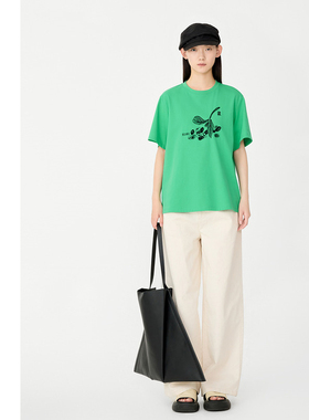 AUM噢姆秋季绿色亲肤透气圆领正肩刺绣短袖T恤