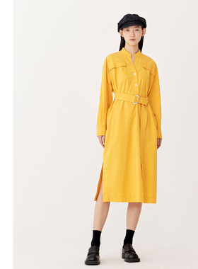【会员价893元】AUM噢姆春季黄色减龄立领系带收腰工装连衣裙