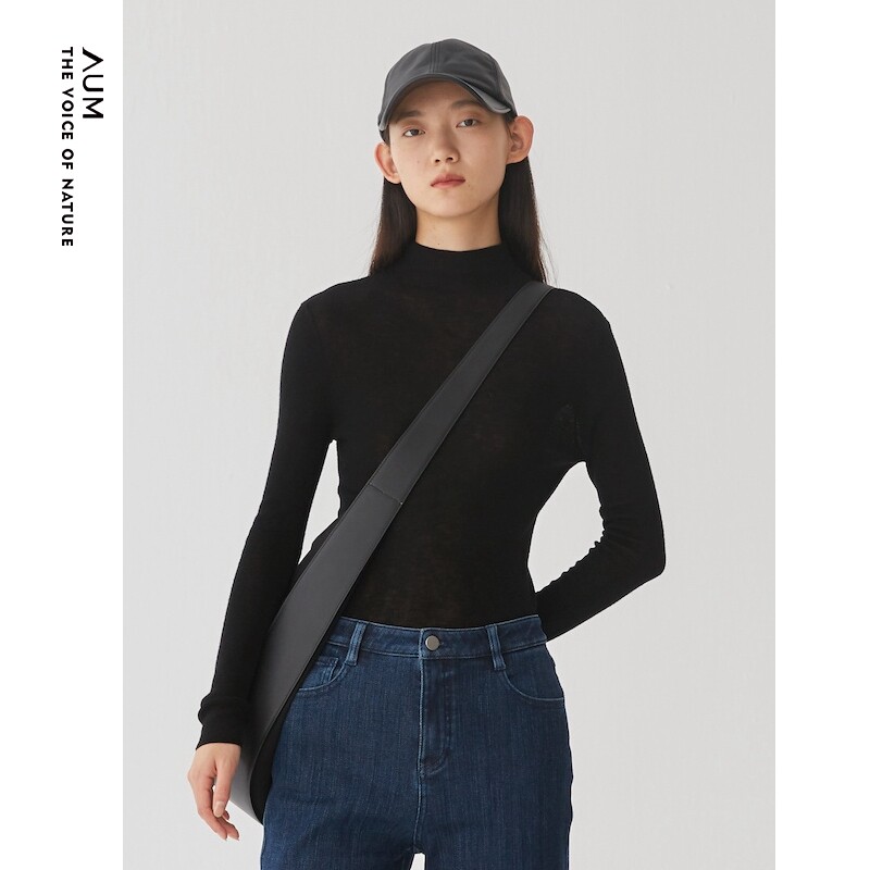 【高品质感】100%绵羊毛黑色修身内搭通勤聚会女式打底针织衫