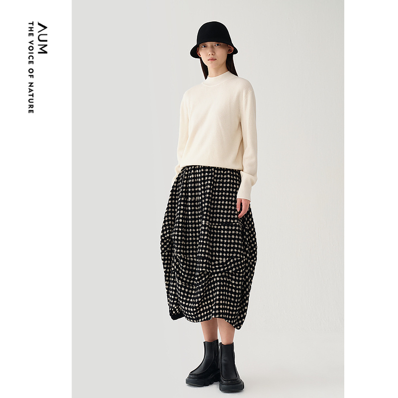 AUM噢姆冬季黑色格纹花苞裙中长波点半裙