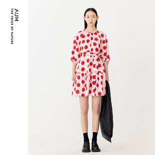 粉红减龄波点印花收腰A字娃娃连衣裙 AUM噢姆春季 FaFa裙