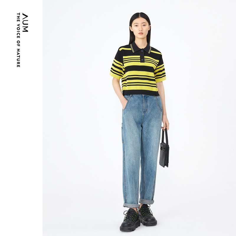 AUM噢姆夏季t恤文艺休闲撞色条纹上衣针织衫修身