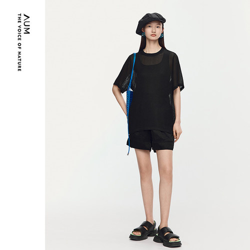 【微风编织】AUM噢姆夏季短袖网眼镂空黑色套头上衣女