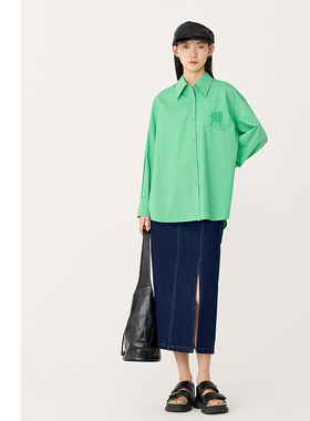 【会员价1188元】AUM噢姆春季绿色牙刷绣花府绸廓型休闲衬衫上衣