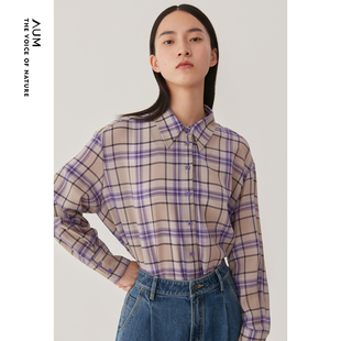 紫色长袖 AUM噢姆春季 翻领休闲格纹宽松羊毛衬衫 会员价744元