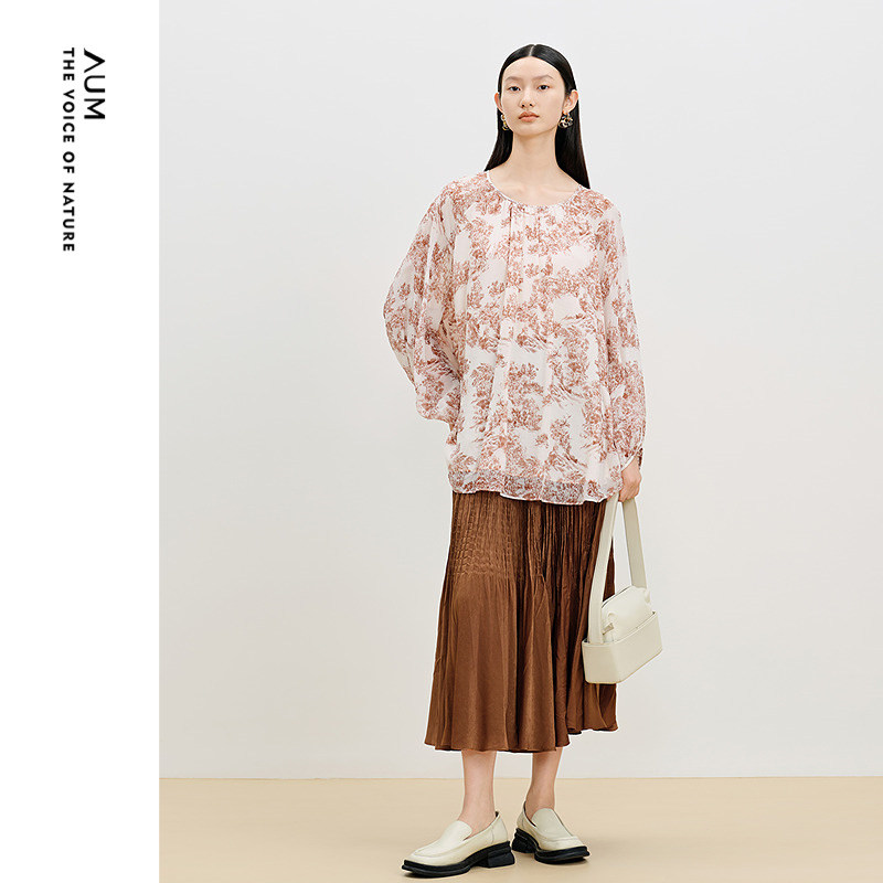 AUM噢姆秋季绑带碎褶印花娃娃衫宽松休闲长袖上衣女