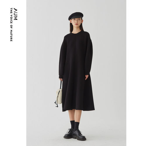 AUM噢姆立体裁剪黑色收腰A字小礼服裙连衣裙女装