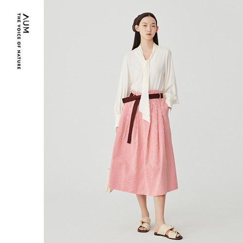 AUM噢姆春季时尚粉红色混纺中长裙子H型好搭半身裙女