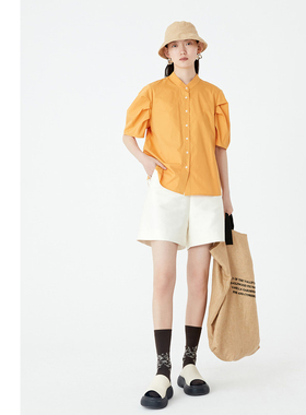 AUM噢姆秋季橙色宽松廓形法式泡泡袖衬衫休闲上衣女