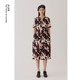 AUM噢姆春季 连衣裙女 复古优雅杏底黑花v领中长款