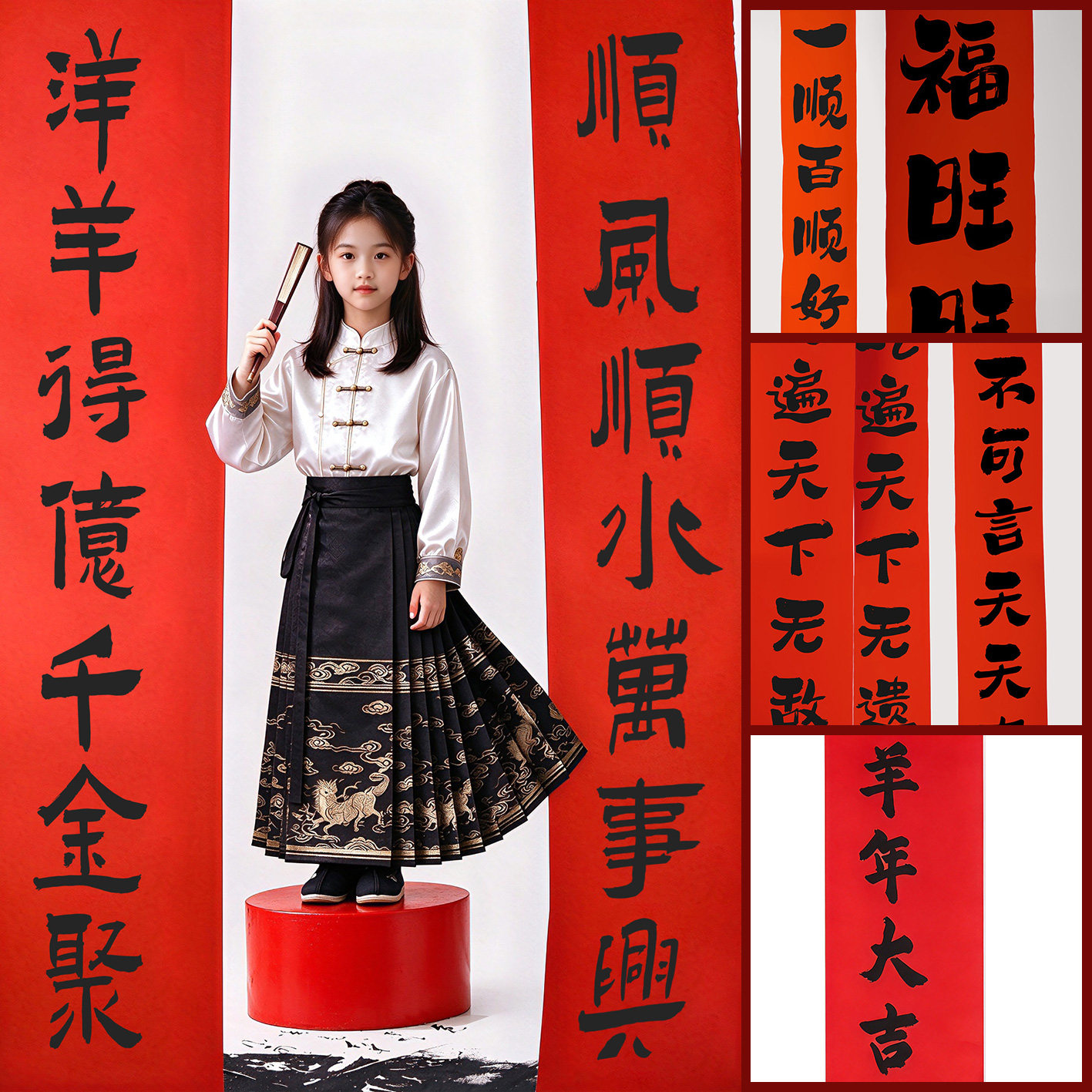 2027新年儿童摄影背景布 红色中式氛围感大对联家庭写真拍照道具