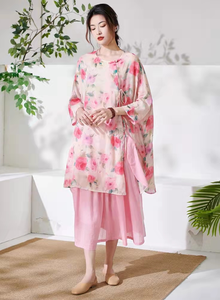 文艺复古苎麻印花袍子宽松中国风禅意女装中式改良茶服棉麻防晒衫
