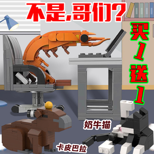打工人不是哥们虾卡皮巴拉积木创意diy奶牛猫拼装玩具摆件