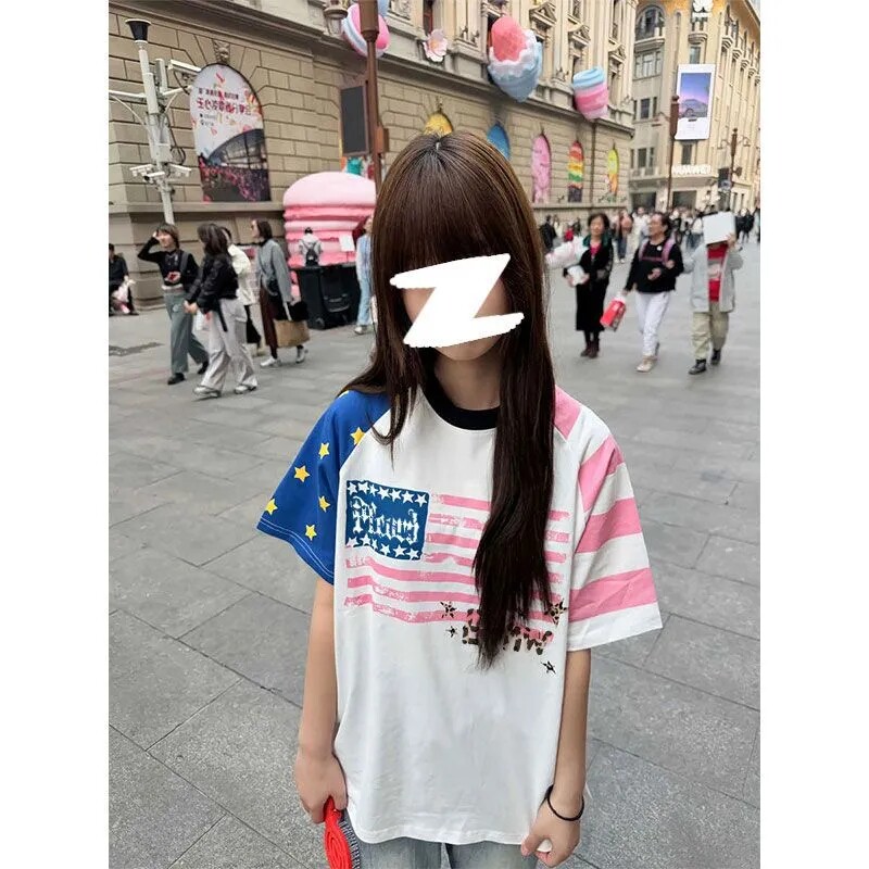 220g纯棉 后包领 袖子双印花撞色拼接宽松短袖T恤女