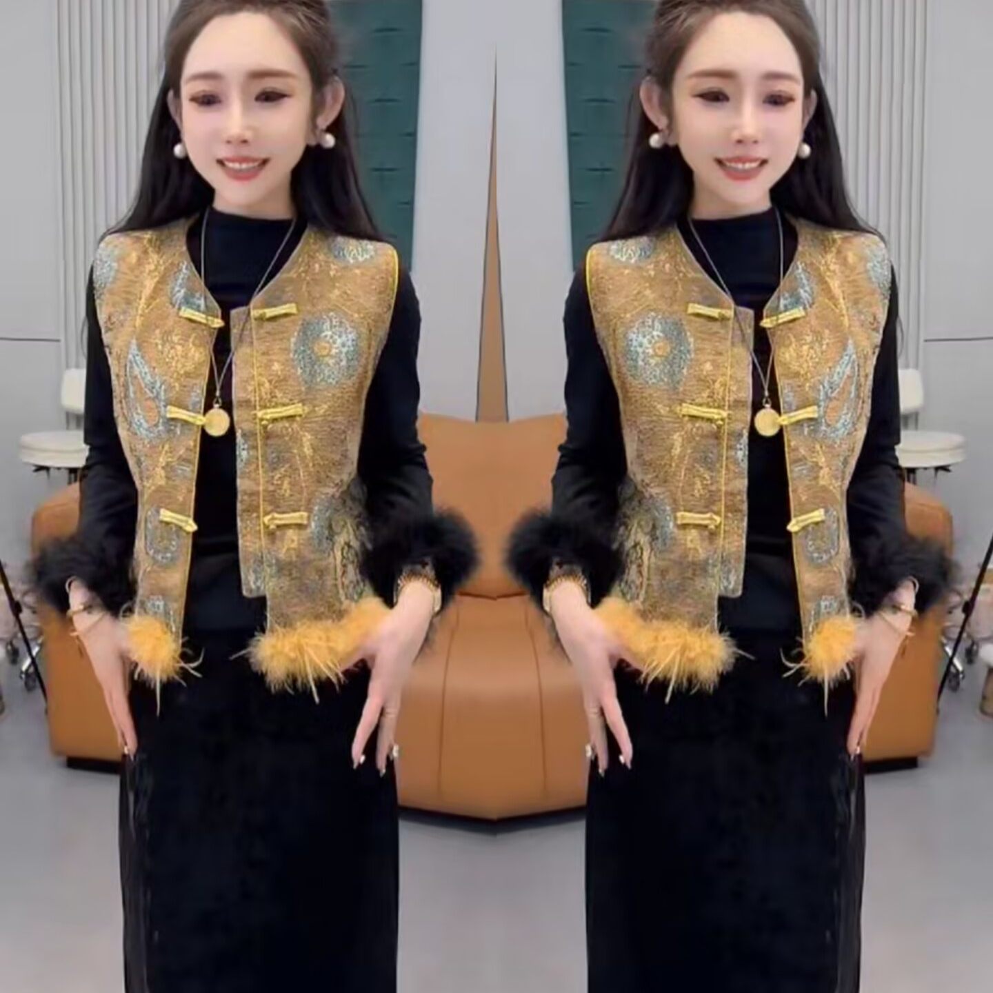 复古盘扣显瘦马甲连衣裙套装