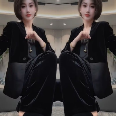 丝绒西装外套+显瘦阔腿裤两件套