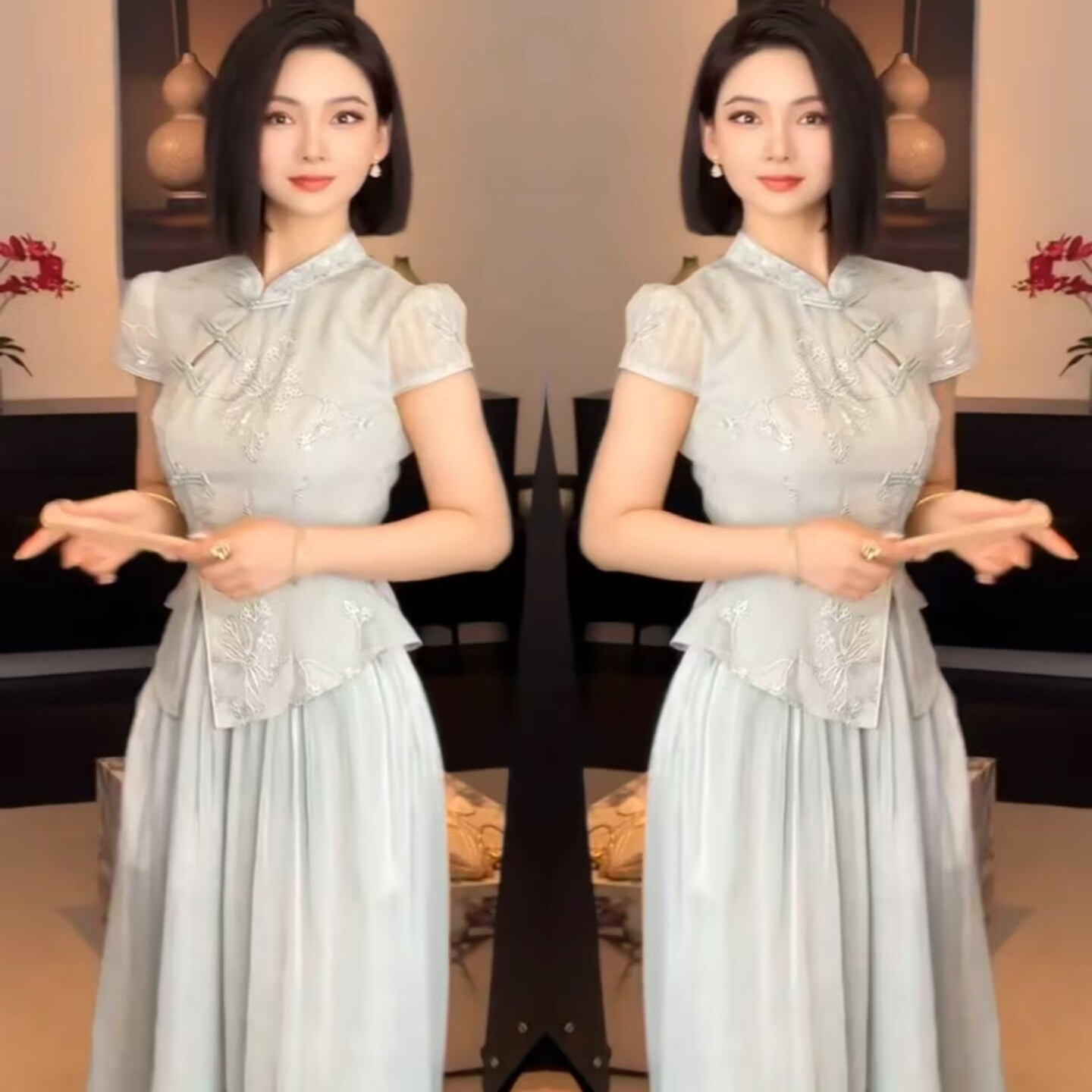 网红爆款时尚套装女2025夏季新款气质新中式短袖上衣高腰阔腿裤潮