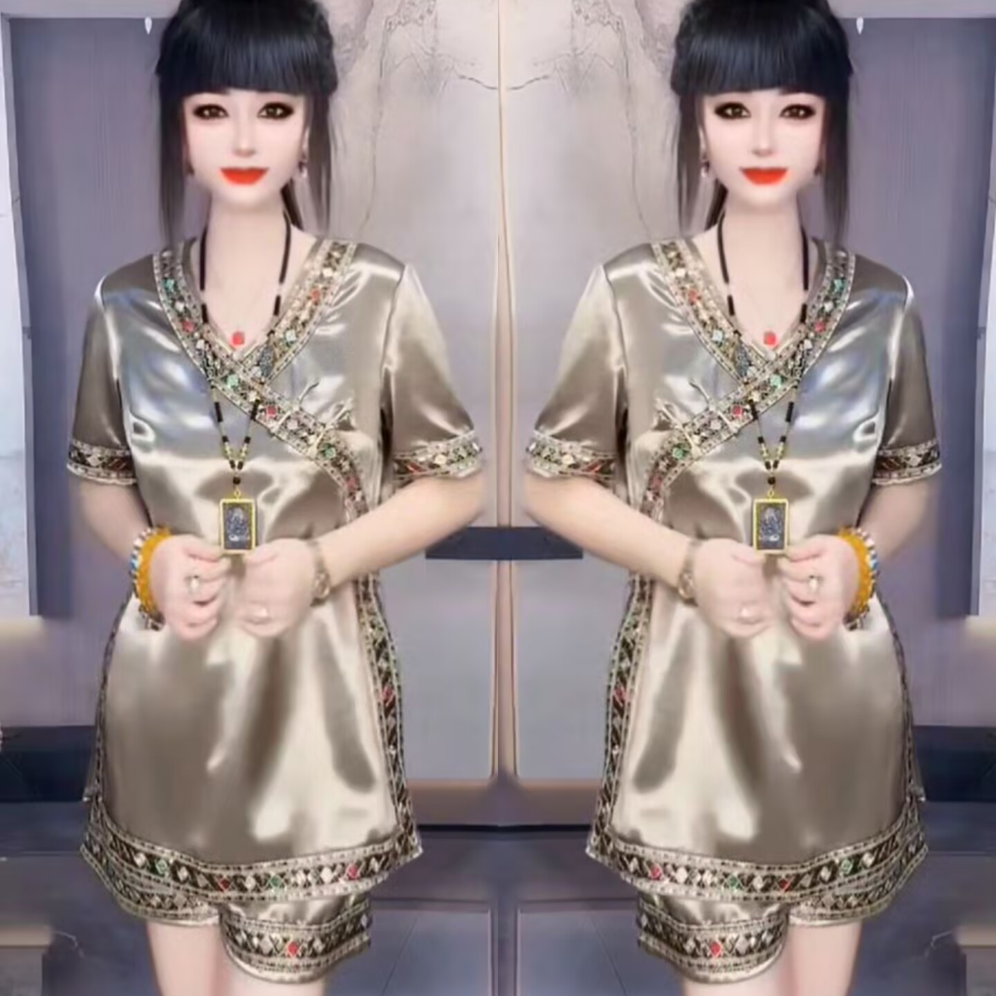新中式老钱风套装女2025年夏季新款V领短袖重工盘扣显瘦小衫+短裤