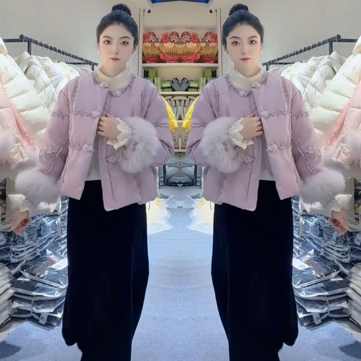 盘扣宽松毛毛袖百搭棉衣外套