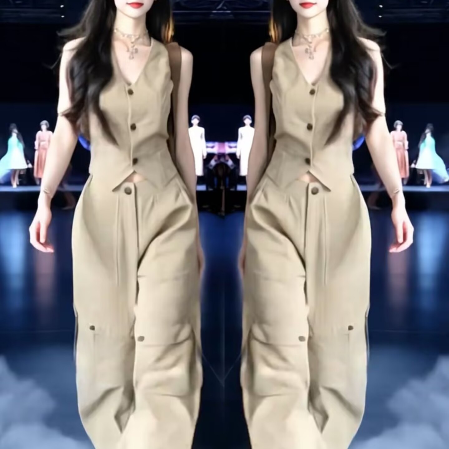 网红爆款时尚套装女2025夏季新款洋气V领显瘦短款马甲+阔腿工装裤