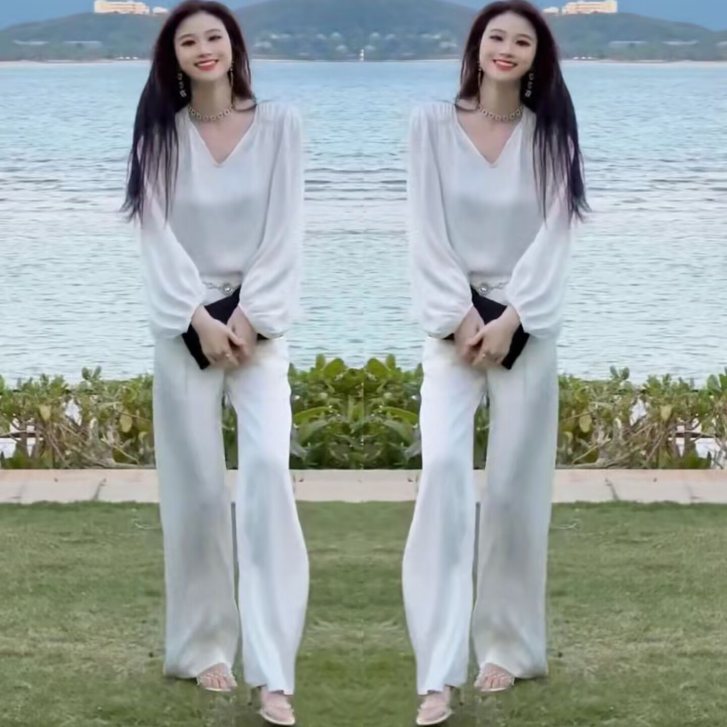 气质显瘦V领上衣+高腰阔腿裤