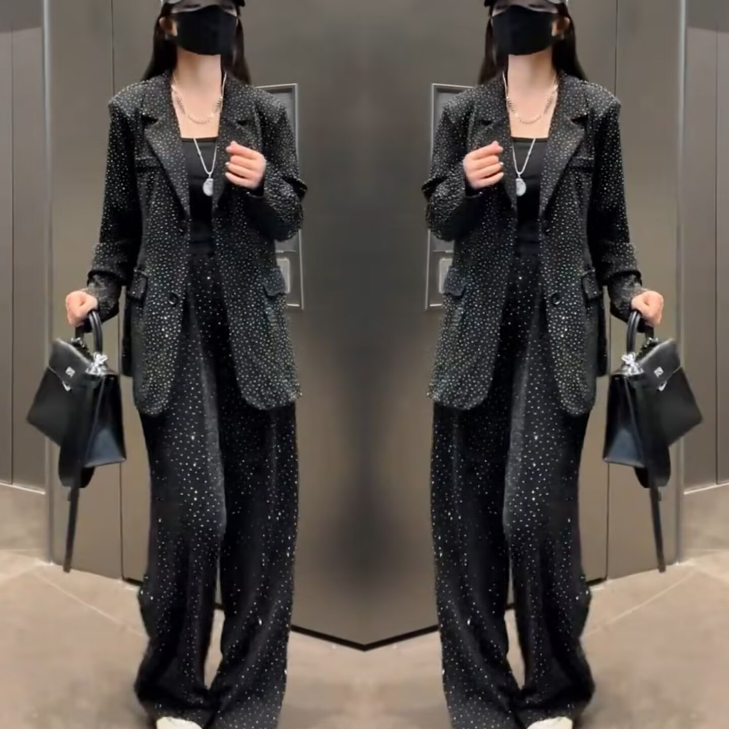 高级感时尚套装女2025春秋新款气质显瘦烫钻西装外套+高腰阔腿裤