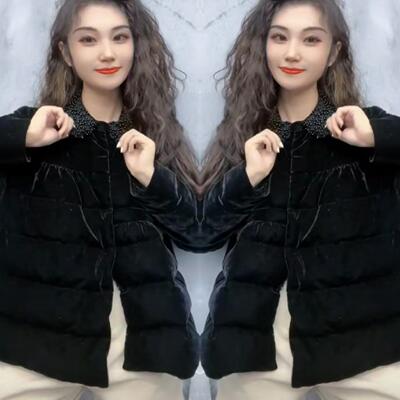 小香风黑色金丝绒夹棉外套