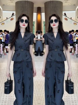 高级感洋气短袖上衣阔腿裤两件套