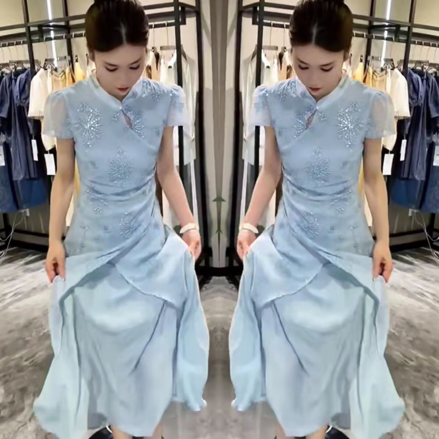 新中式青蓝色修身显瘦名媛气质改良旗袍连衣裙女2025夏季新款裙子
