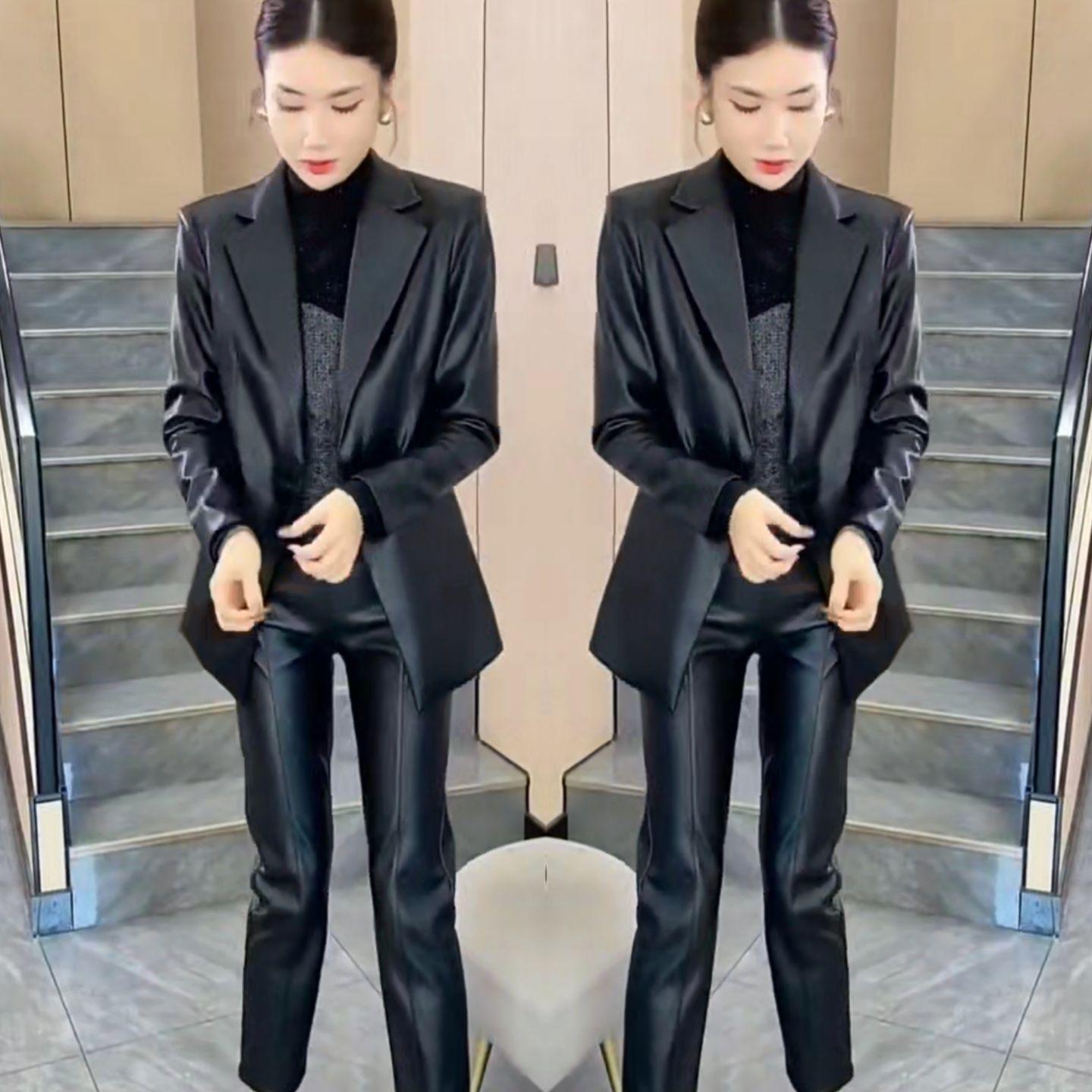 欧货网红爆款时尚套装女2024年秋季新款皮U西服外套+束脚裤两件套