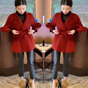 高级感大翻领毛呢外套女2026春秋新款小个子洋气系带时髦呢子大衣