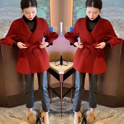 小个子洋气系带时髦呢子大衣