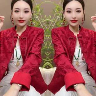 新中式国风提花外套女2025春秋新款复古盘扣拼接小个子短款上衣潮