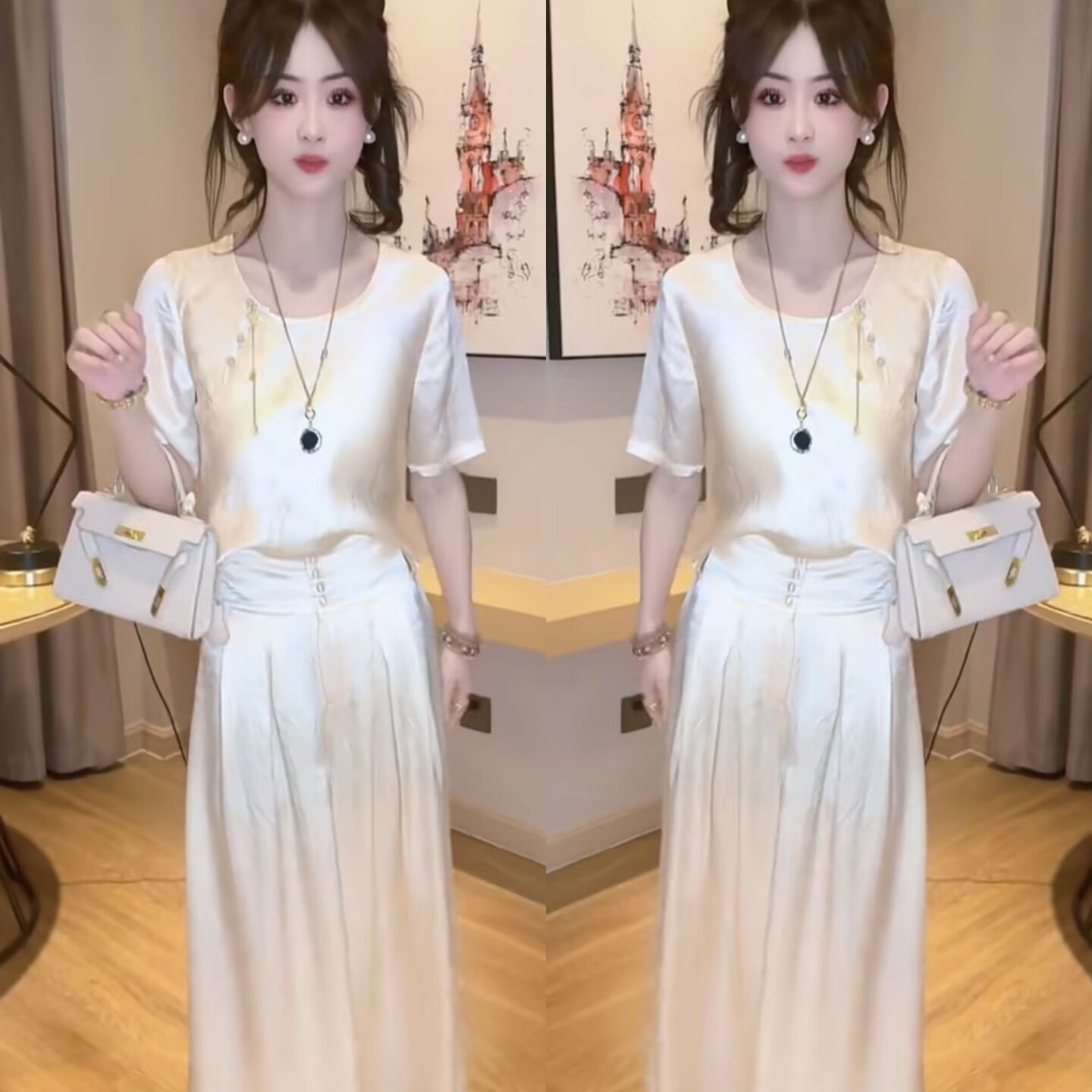 高级感时尚套装女2025夏季新款气质减龄显瘦圆领短袖上衣+阔腿裤