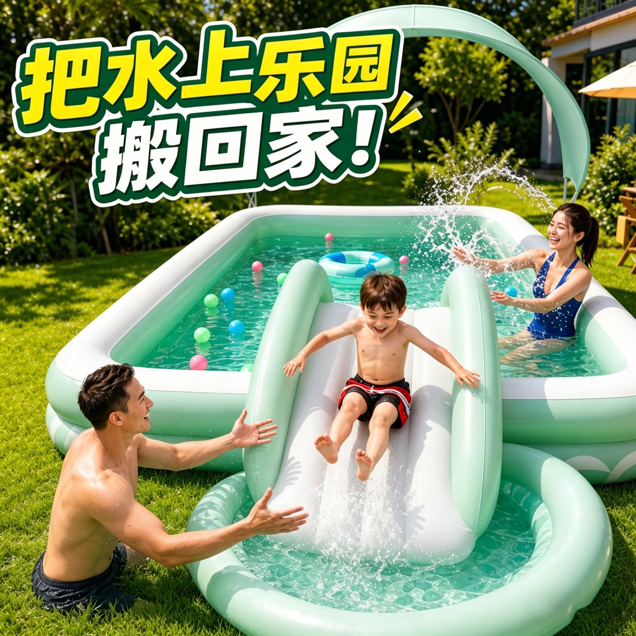 婴儿室内外便携遮阳滑梯充气泳池