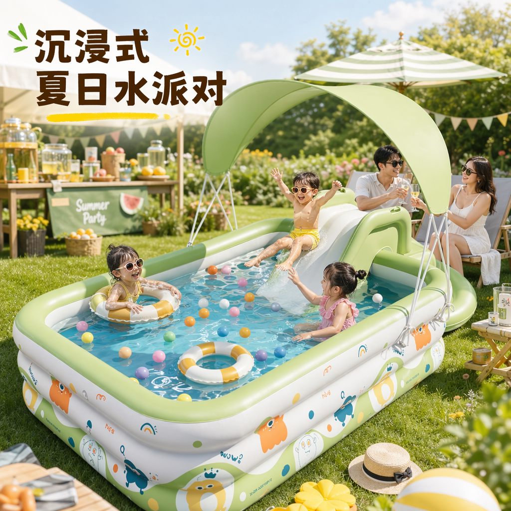 家用大型儿童充气加厚滑梯游泳池