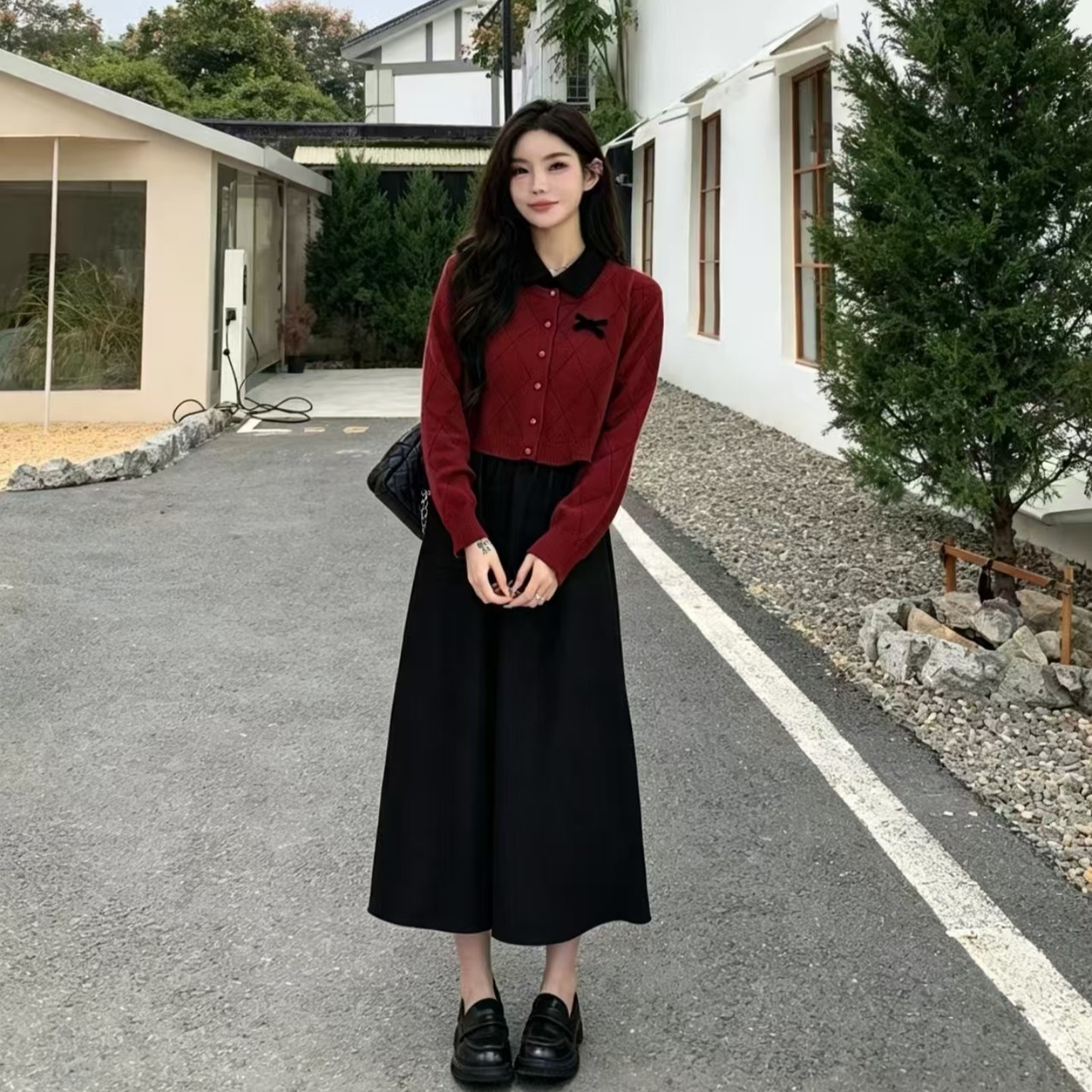 小香风撞色翻领针织衫A字裙两件套女秋套装高级感气质名媛淑女风