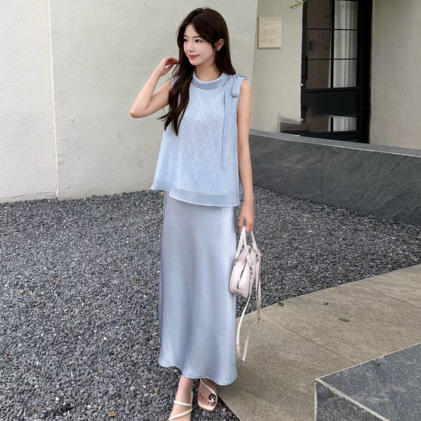 蝴蝶结领无袖背心+半身裙两件套小仙女2026夏季新款气质连衣裙套
