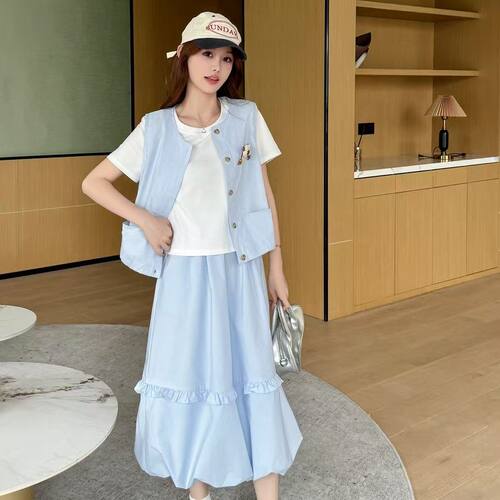 2026夏装新款浅蓝色小熊刺绣三件套女小个子休闲马甲T 恤半身裙
